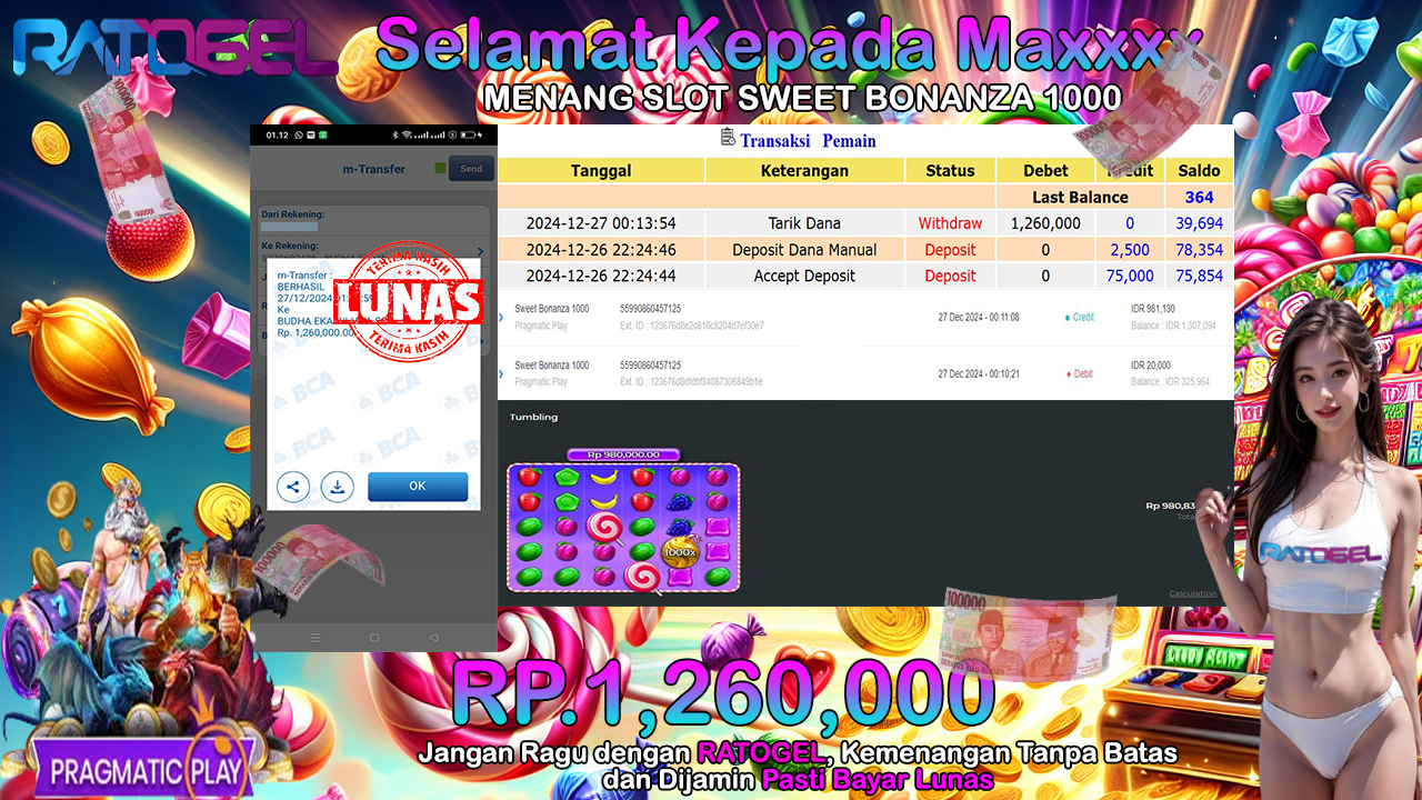 BUKTI JACKPOT SLOT SWEET BONANZA 1000 TERPERCAYA DI INDONESIA TGL 27-12-2024