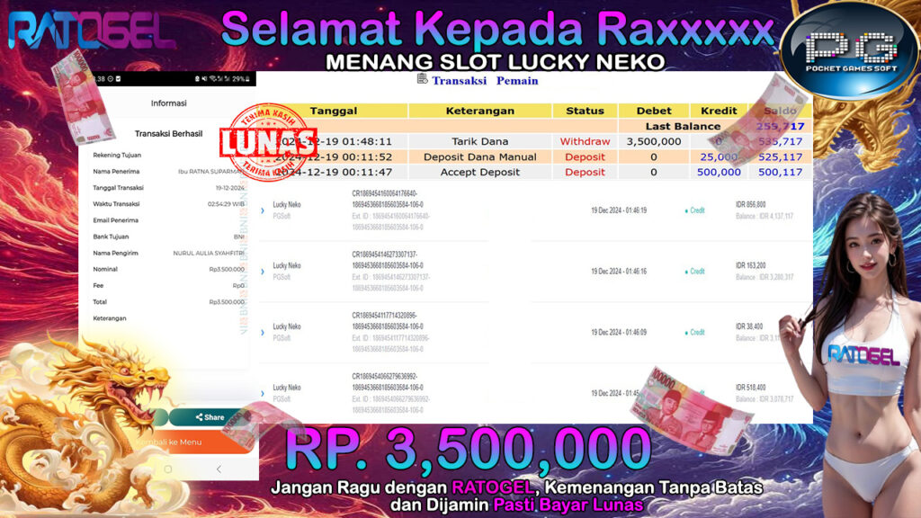 BUKTI JACKPOT SLOT LUCKY NEKO TERPERCAYA DI INDONESIA TGL 19-12-2024