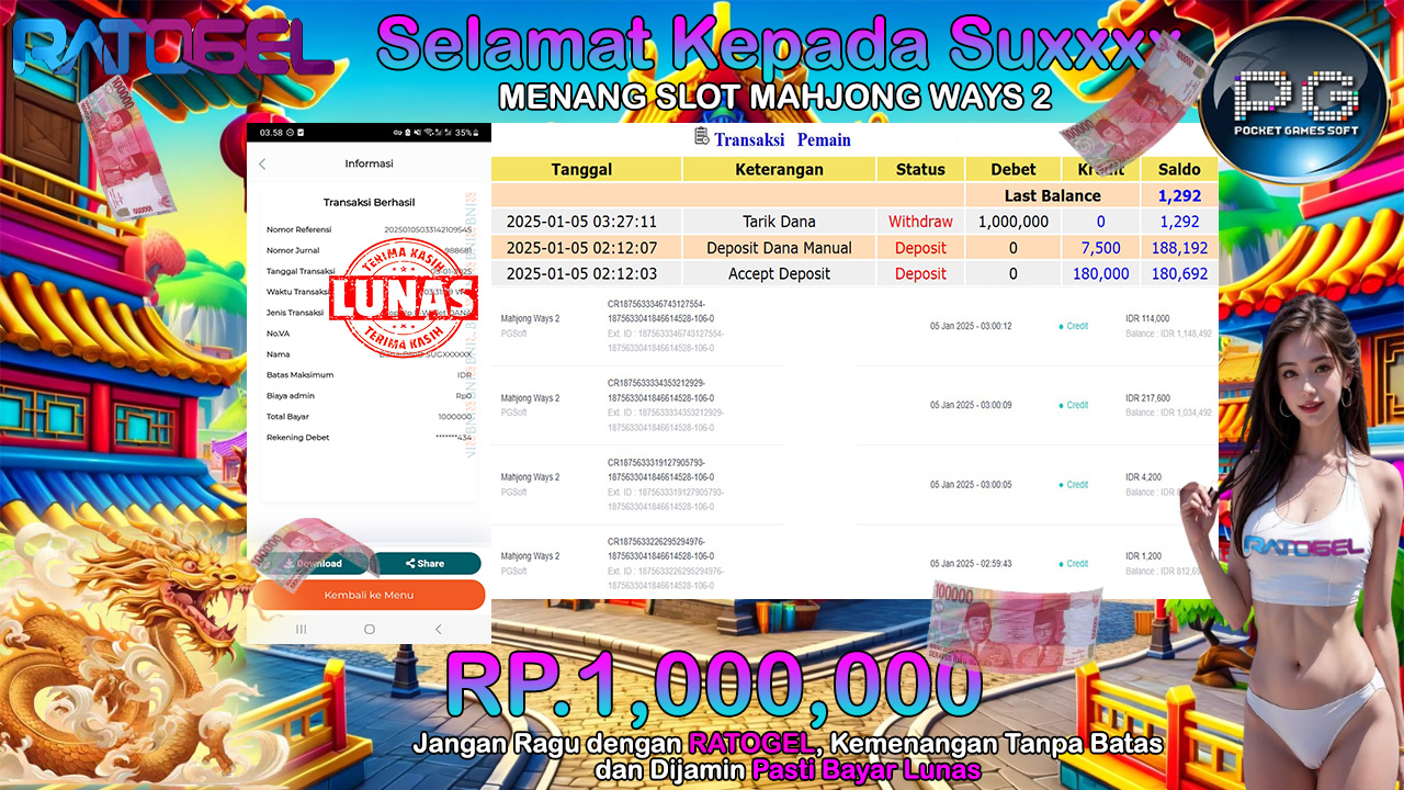 BUKTI JACKPOT SLOT MAHJONG WAYS 2 TERPERCAYA DI INDONESIA TGL 05-01-2025