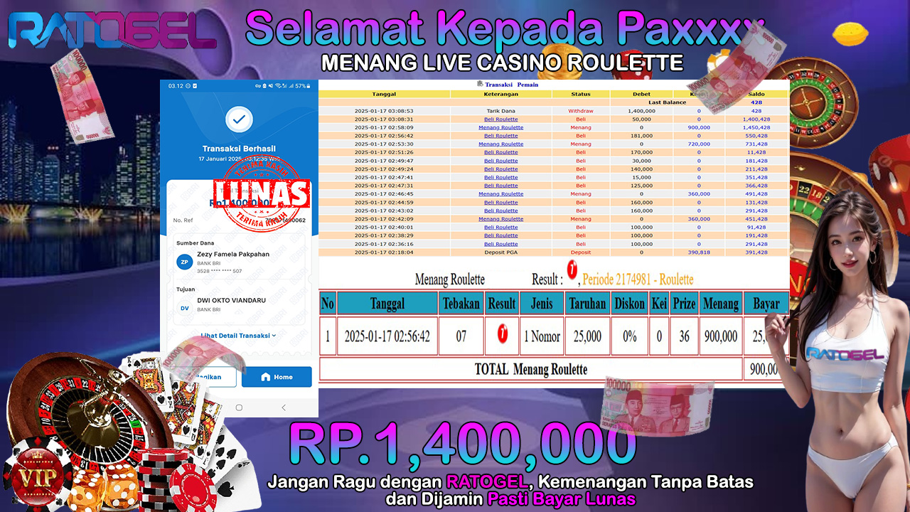 BUKTI JACKPOT LIVE CASINO ROULETTE  TERPERCAYA DI INDONESIA TGL 17-01-2025