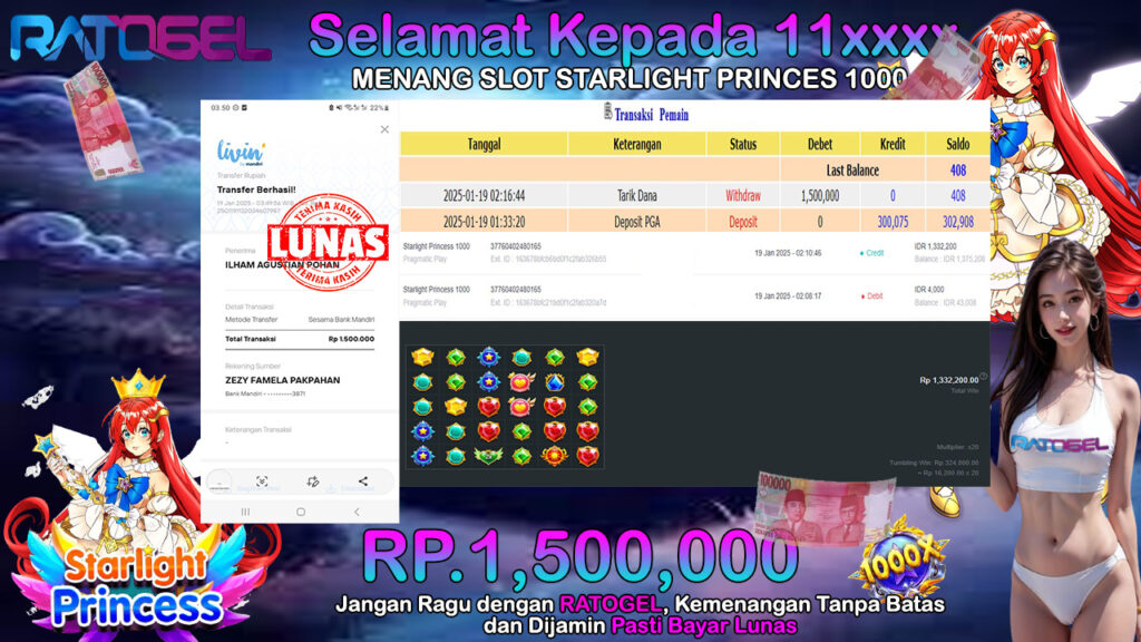 BUKTI JACKPOT SLOT STARLIGHT PRINCESS 1000 TERPERCAYA DI INDONESIA TGL 19-01-2025