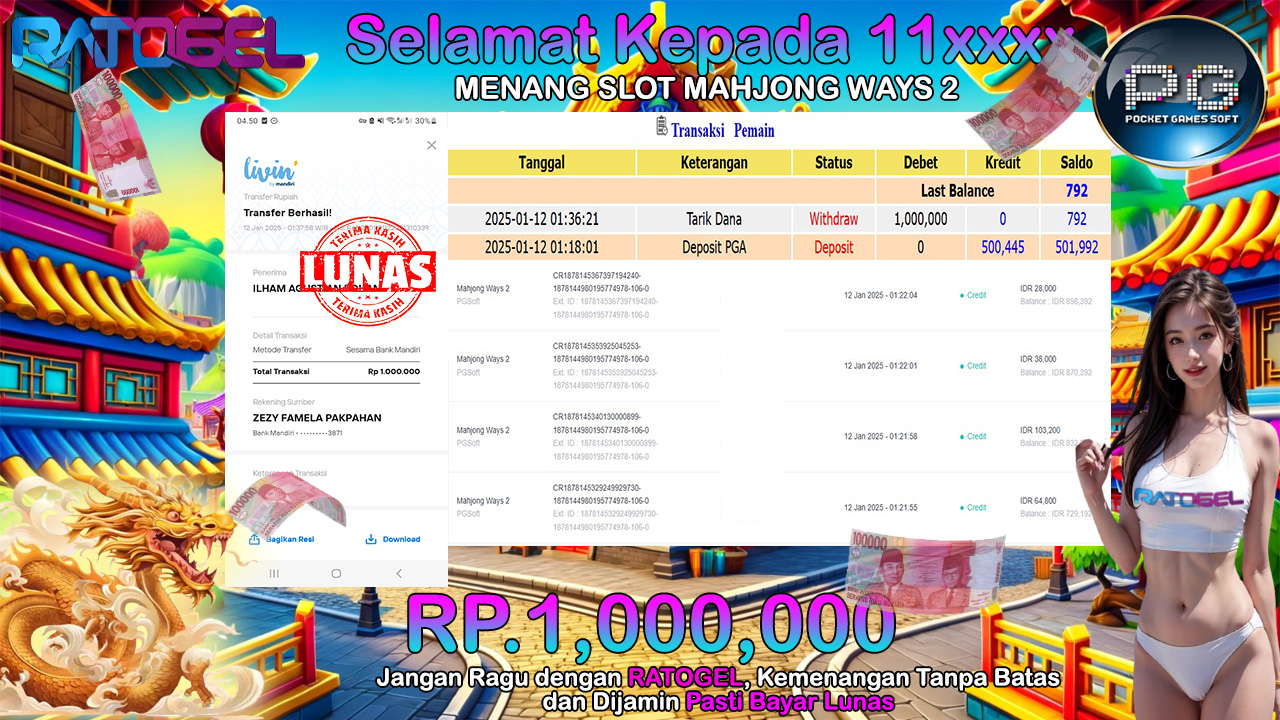 BUKTI JACKPOT SLOT MAHJONG WAYS 2 TERPERCAYA DI INDONESIA TGL 12-01-2025