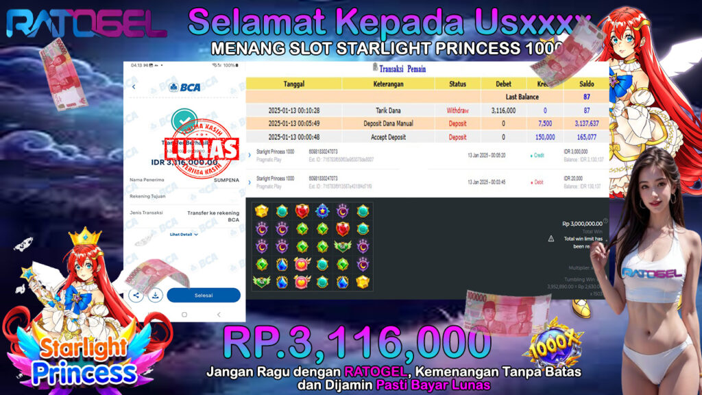 BUKTI JACKPOT SLOT STARLIGHT PRINCESS 1000 TERPERCAYA DI INDONESIA TGL 13-01-2025