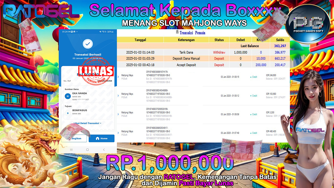 BUKTI JACKPOT SLOT MAHJONG WAYS TERPERCAYA DI INDONESIA TGL 03-01-2025