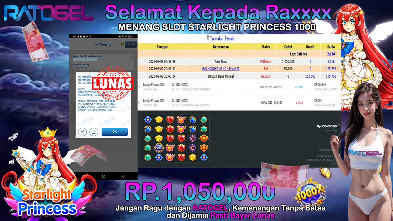 BUKTI JACKPOT SLOT STARLIGHT PRINCESS 1000 TERPERCAYA DI INDONESIA TGL 03-02-2025