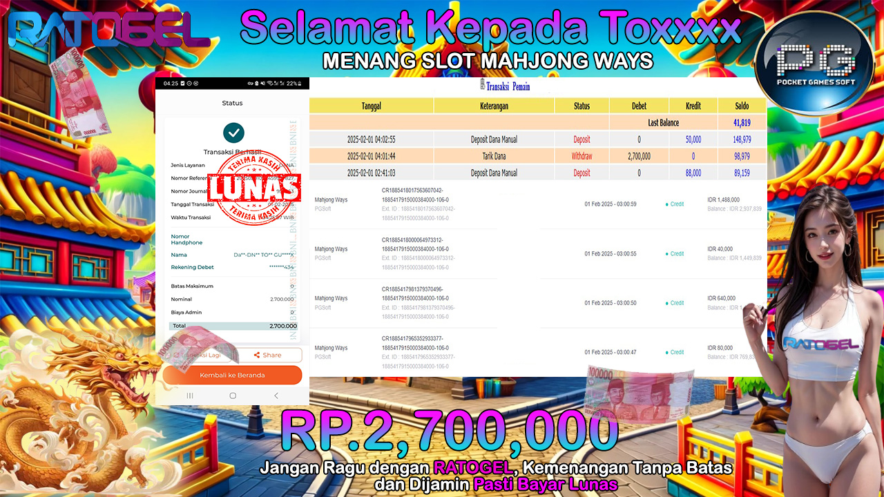 BUKTI JACKPOT SLOT MAHJONG WAYS TERPERCAYA DI INDONESIA TGL 01-02-2025