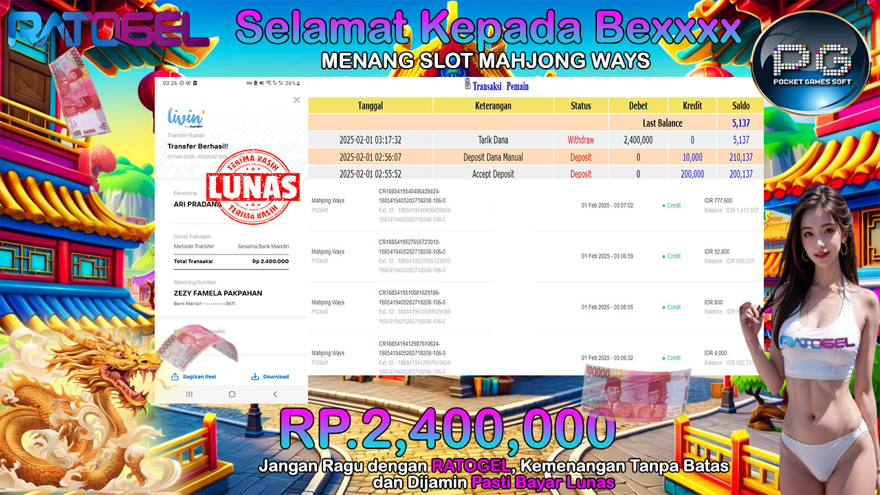 BUKTI JACKPOT SLOT MAHJONG WAYS TERPERCAYA DI INDONESIA TGL 01-02-2025