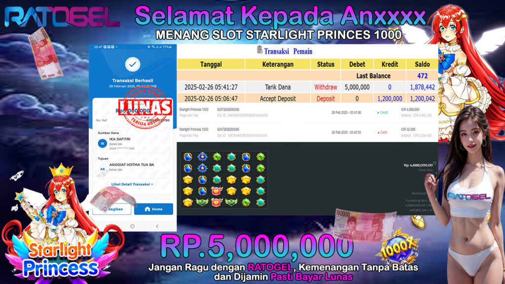 BUKTI JACKPOT SLOT STARLIGHT PRINCESS 1000 TERPERCAYA DI INDONESIA TGL 26-02-2025